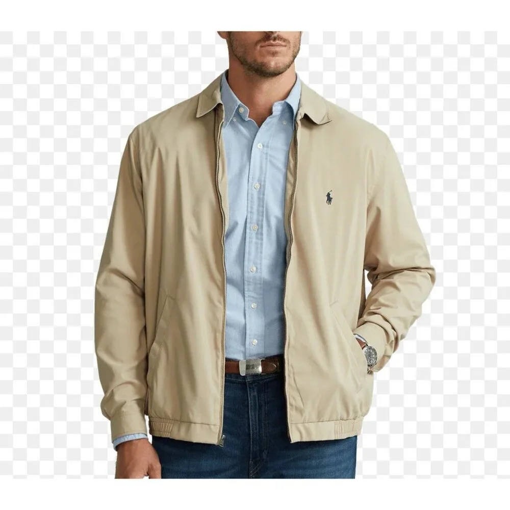 VTG Polo Ralph Lauren Jacket Mens XL Khaki Full Zip Dad Bomber Canvas Navy Pony